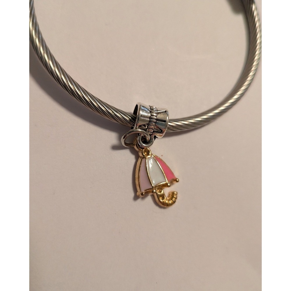 Pink White Enamel Umbrella Charm Gold Silver Slider Bead for Bracelet